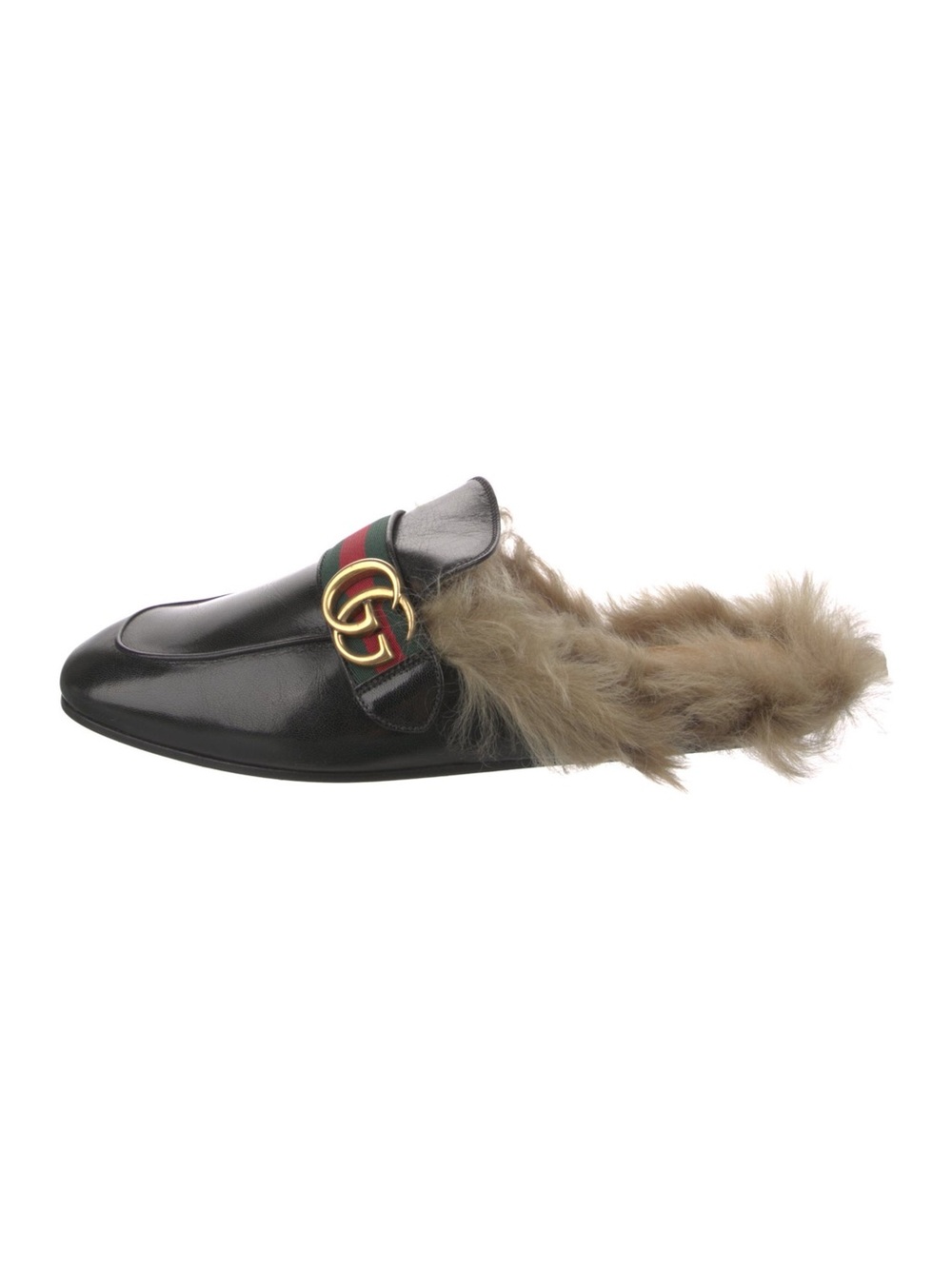Gucci Black Leather Fur-Lined Mule with Green-Red Web & Gold Hardware